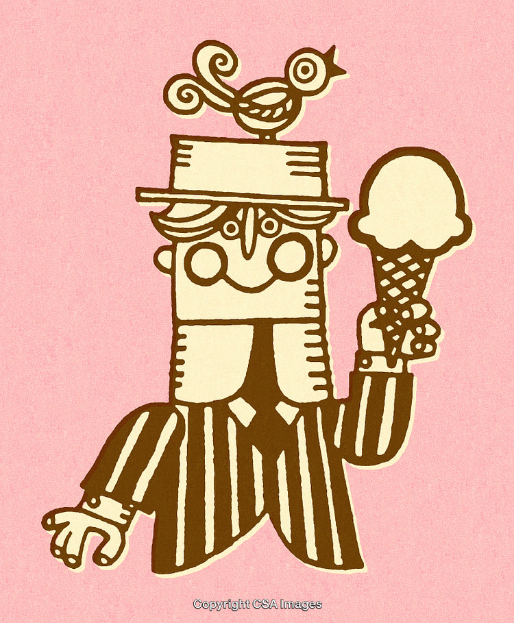 Playful Vintage Illustration of Ice Cream Vendor With Whimsical Hat Design