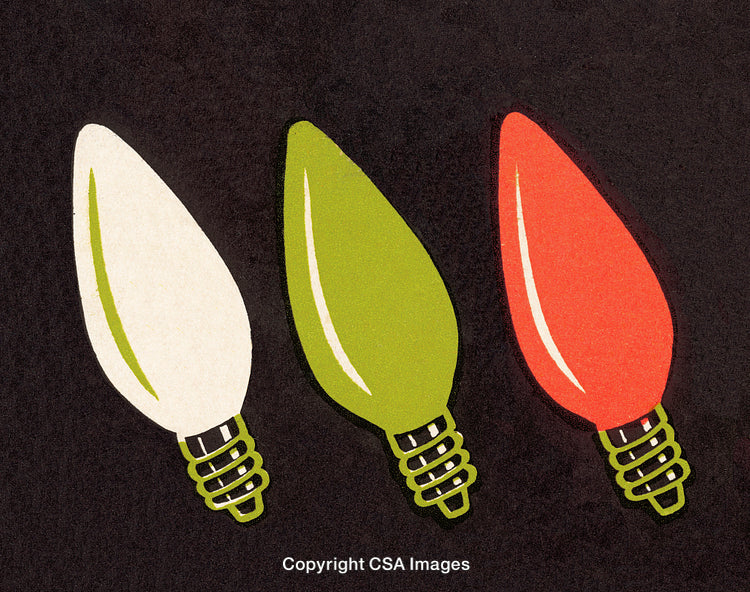 Illustration of Red, Green, and White Holiday Light Bulbs on Black Background