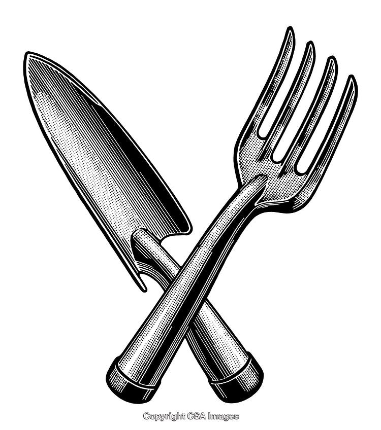 Vintage Engraving of Crossed Knife and Fork on White Background