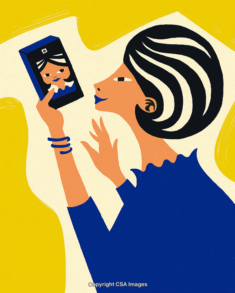 Elegant Woman Taking a Selfie with Bold Colors and Stylized Illustrations