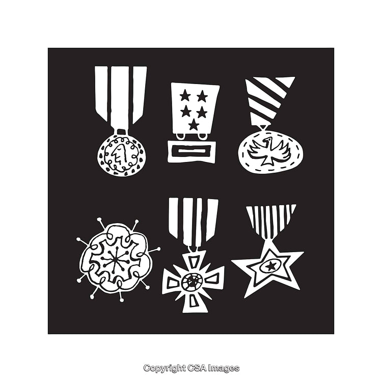 Black and White Line Art Illustrations of Various Medal Designs