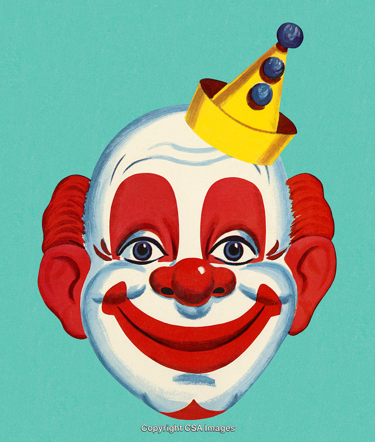 Vintage Clown Illustration with Painted Face, Hat, and Wide Smile