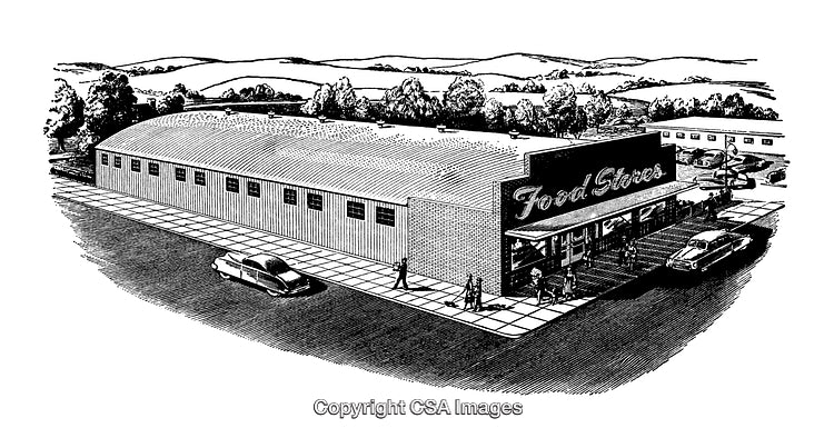 Retro Engraved Illustration of a Grocery Store With Vintage Vehicles