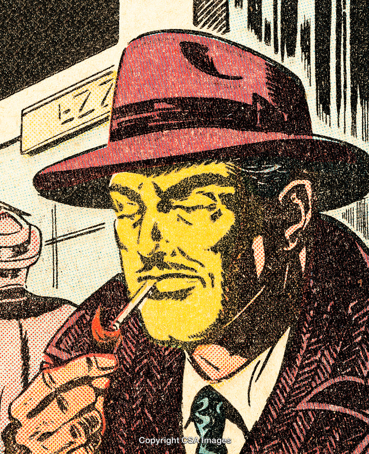 Vintage Comic Style Man in Hat Lighting Cigarette Artwork