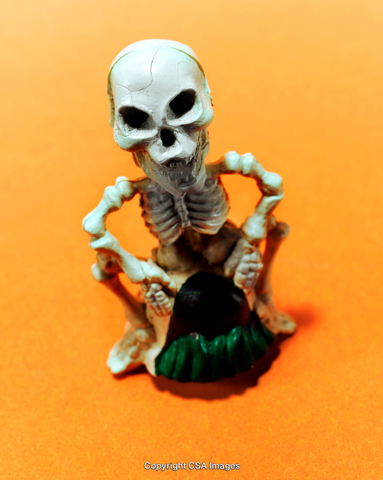 Close-Up of a Skeleton Figurine Against an Orange Background