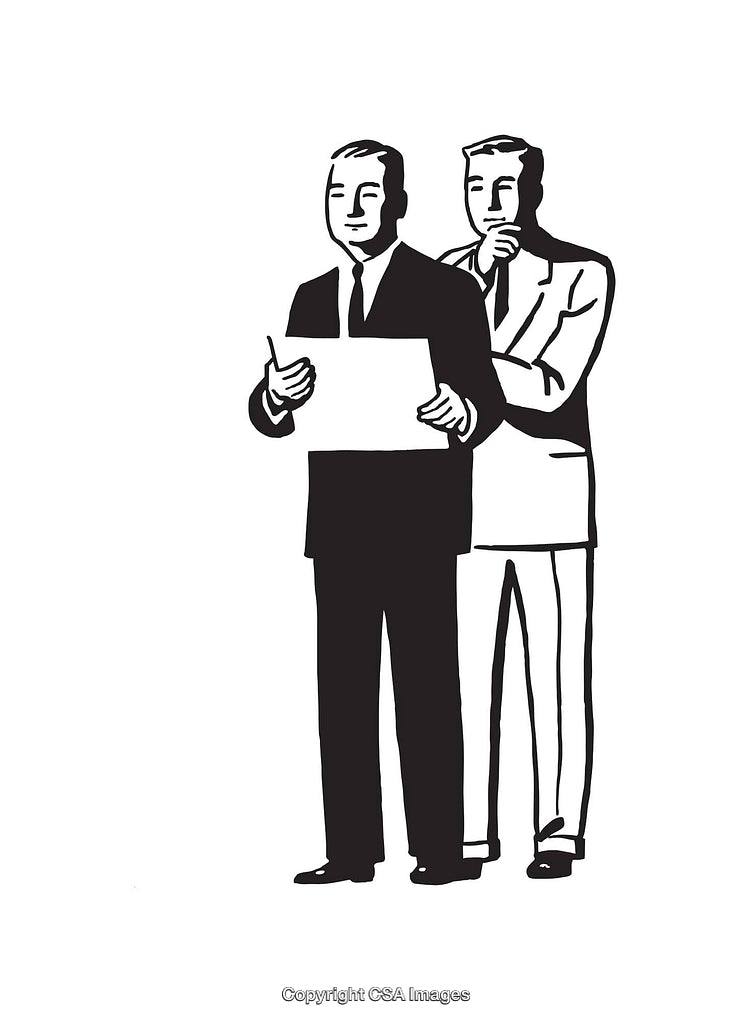 Two Businessmen Collaborating on a Document in Black and White Art