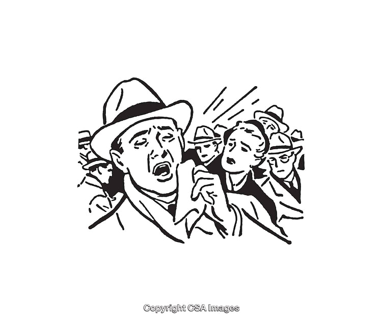 Retro Black and White Line Art Illustration of a Crowd Reaction Scene