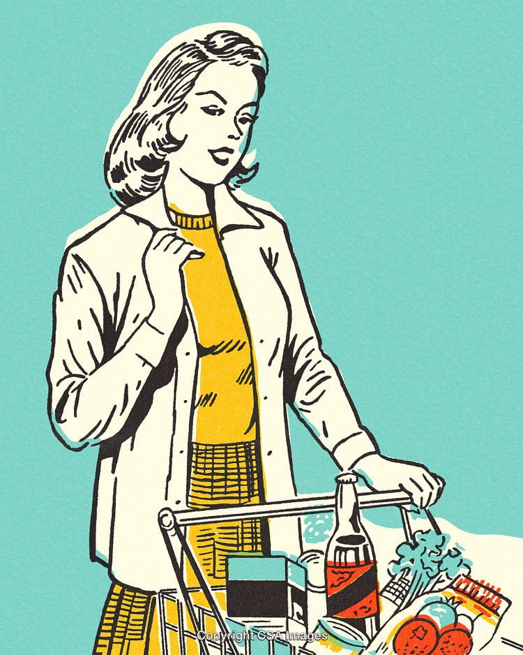 Retro Illustration of a Woman Shopping with a Grocery Cart