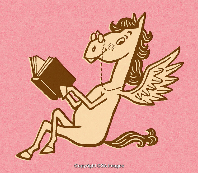 Whimsical Pegasus Reading a Book Against a Pink Backdrop