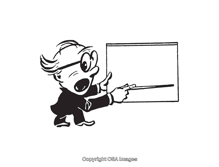Black and White Cartoon Character Teaching with Pointer and Blank Board