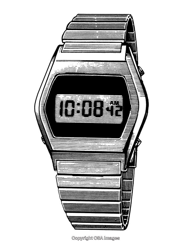 Classic Digital Wristwatch in Detailed Black and White Engraving
