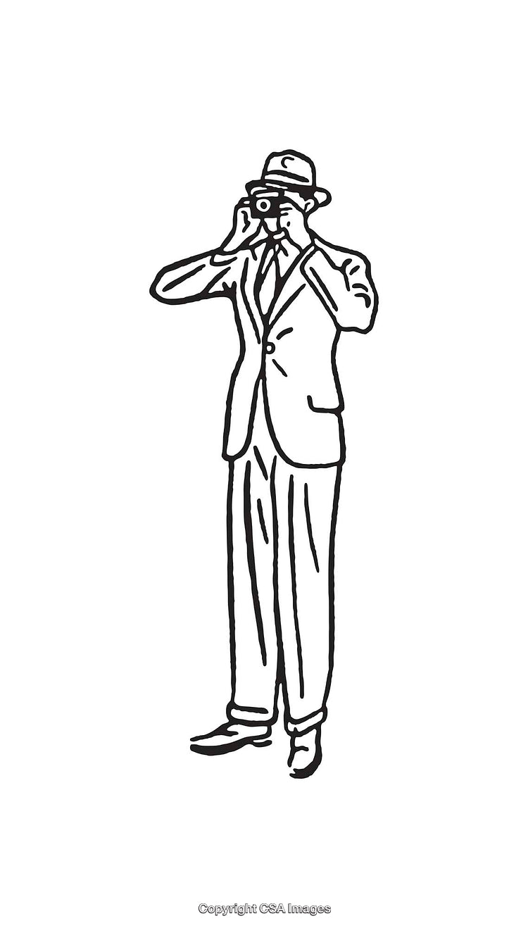 Black And White Line Art Illustration of a Man Holding a Camera