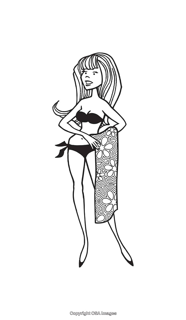 Stylish Line Art Illustration of Woman in Swimwear Holding a Patterned Towel