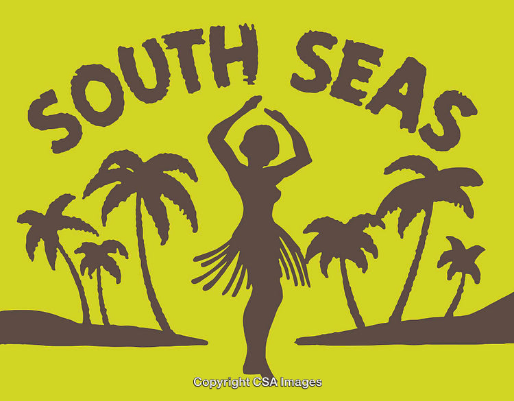 Tropical Island Inspired Artwork Featuring a Dancing Figure and Palm Trees