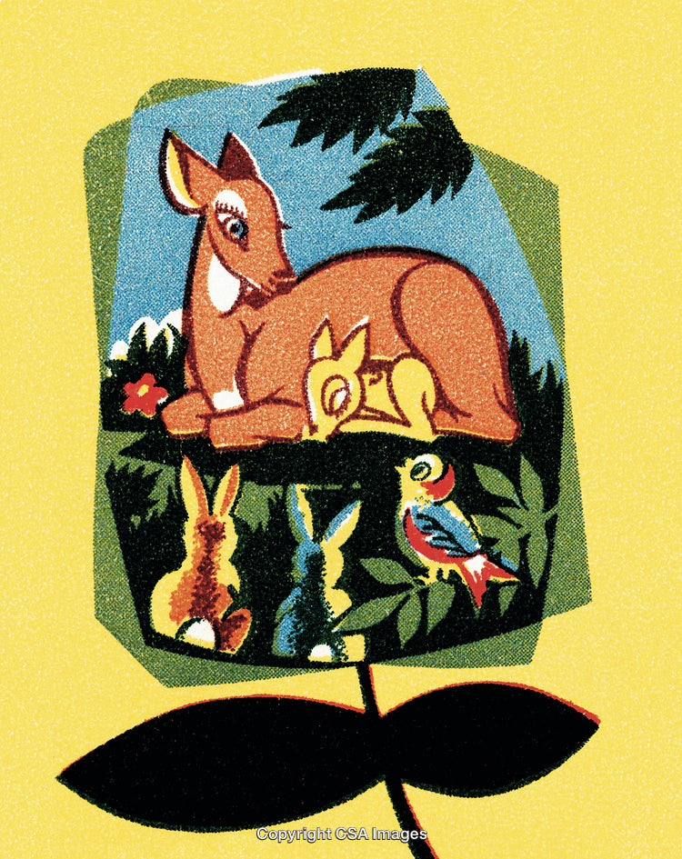 Vintage Illustration of Animals in a Woodland Setting with a Floral Background