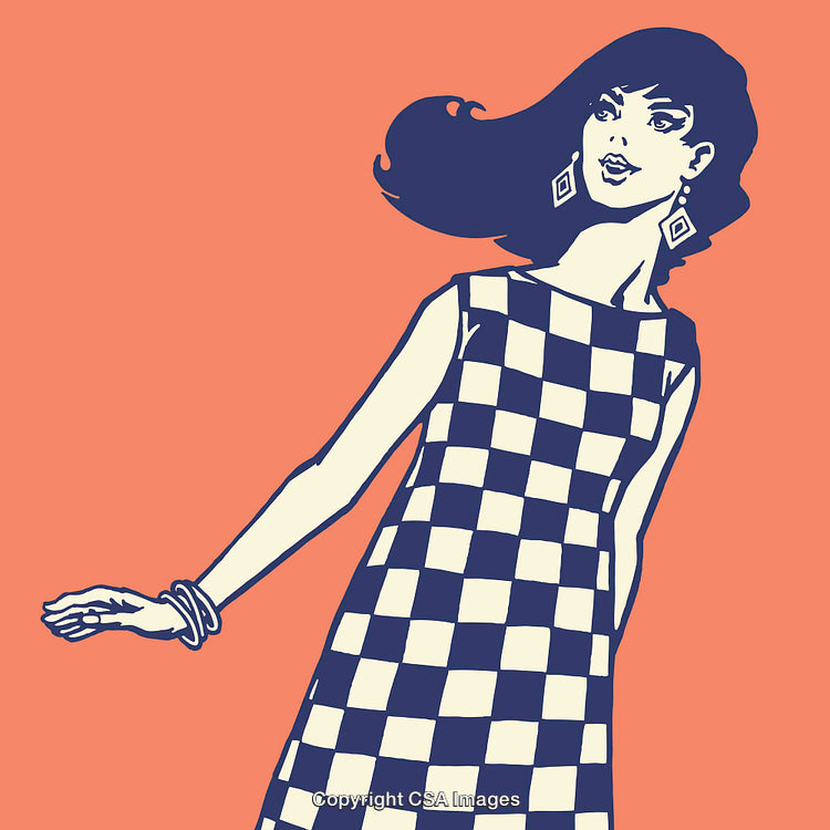 Retro Inspired Illustration of a Woman in Checkered Dress on Orange Background