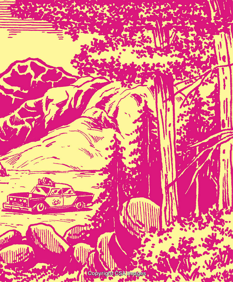 Vintage Illustration of a Car in a Forest Landscape Setting