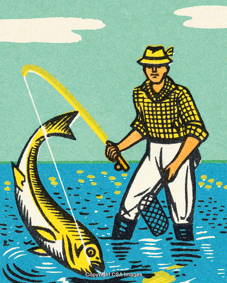 Fisherman Catching a Large Fish With a Pole in a Vibrant Illustration