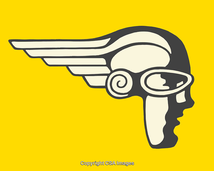 Vintage Line Art of Winged Helmet on Yellow Background