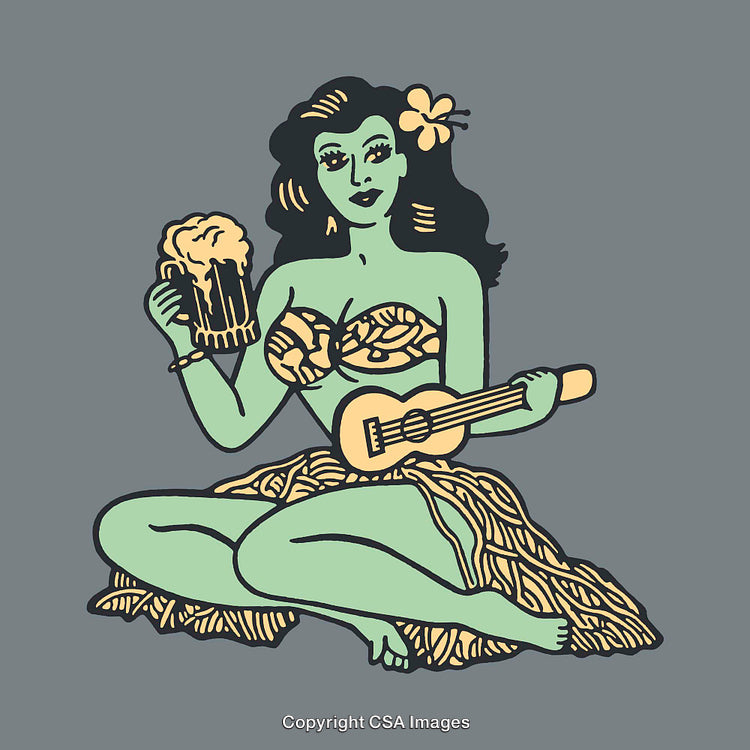 Illustration of a Tropical Woman with Ukulele and a Beer Mug