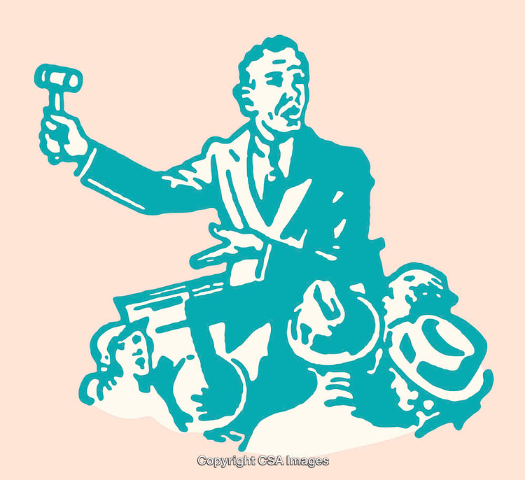 Vintage Auction Scene with Auctioneer and Audience in Retro Style Illustration