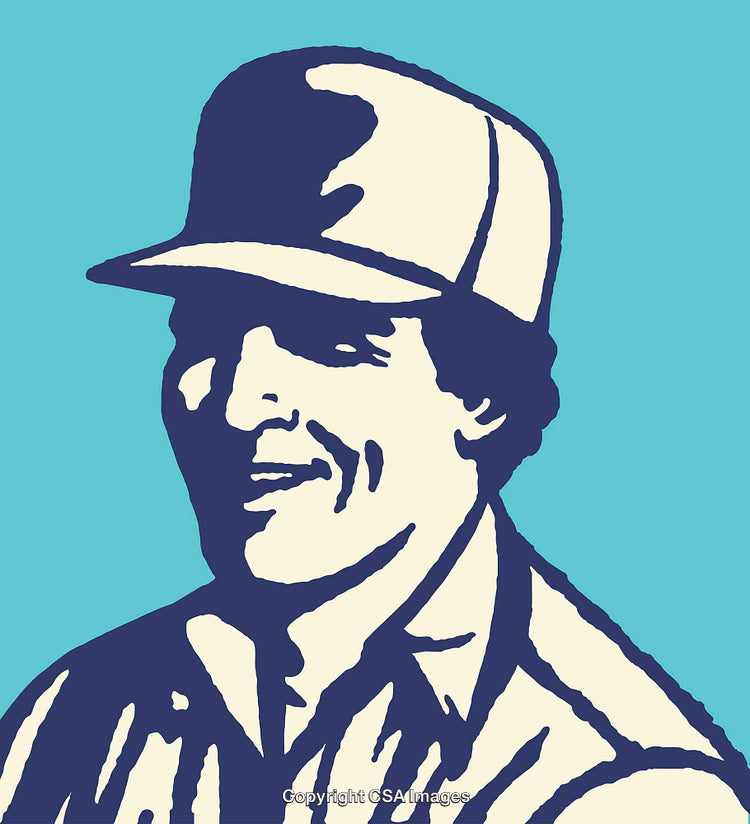 Retro Line Art Illustration of a Smiling Man in a Baseball Cap