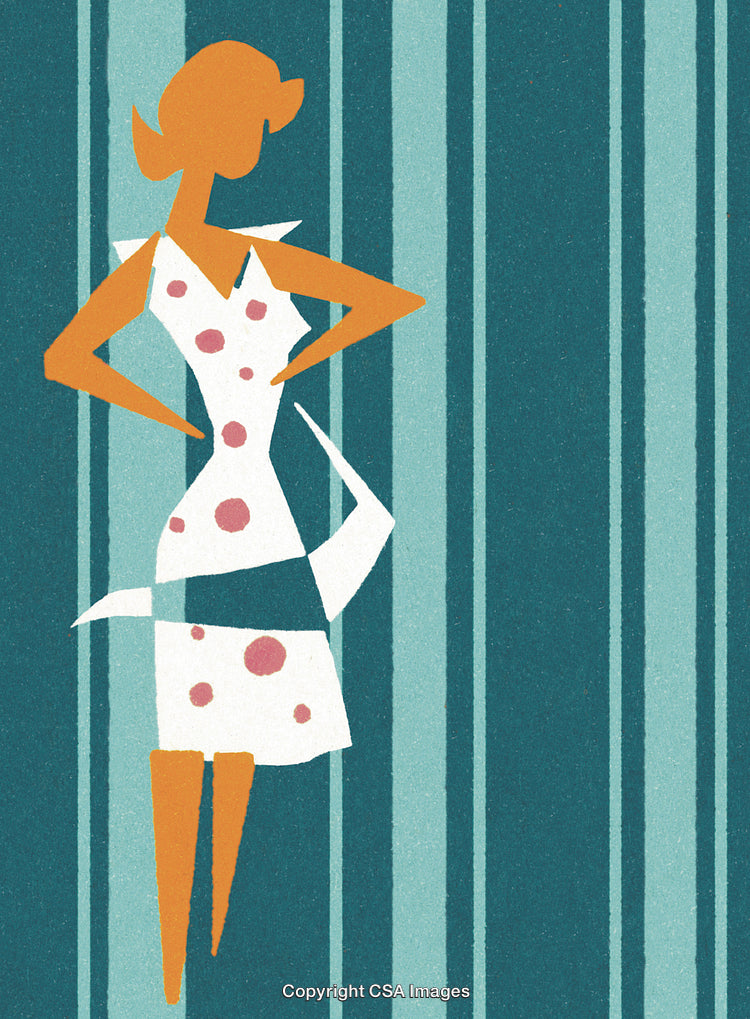 Retro Stylized Illustration of a Woman in a Polka Dot Dress
