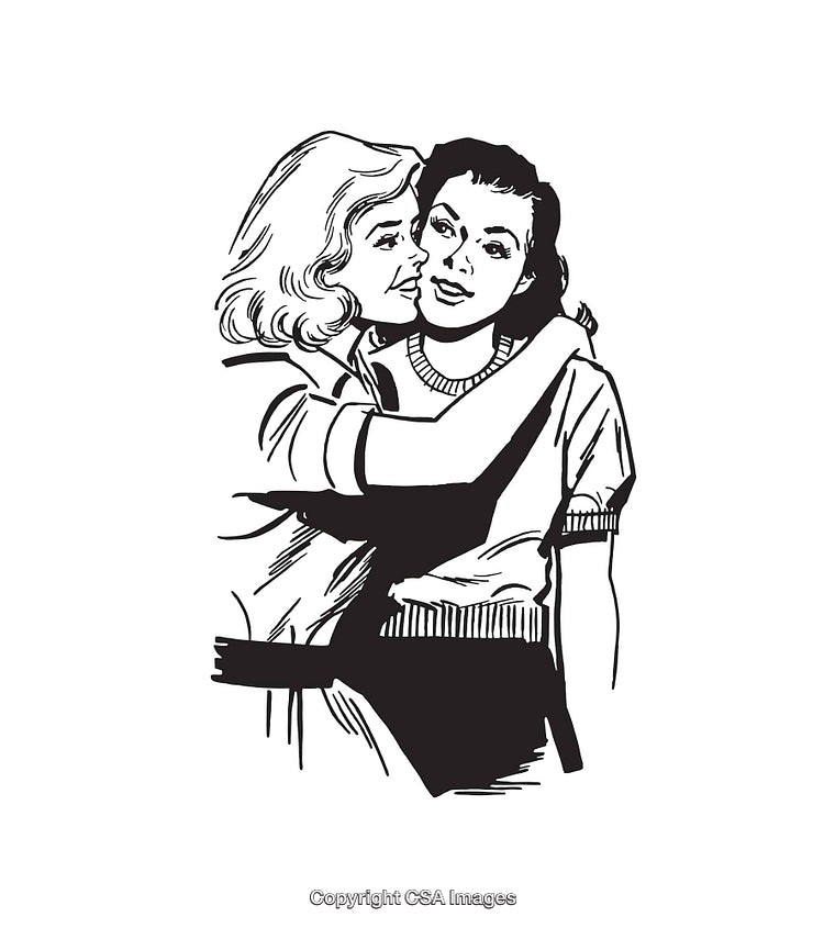Vintage Line Art Depicting a Friendly Embrace Between Two Women