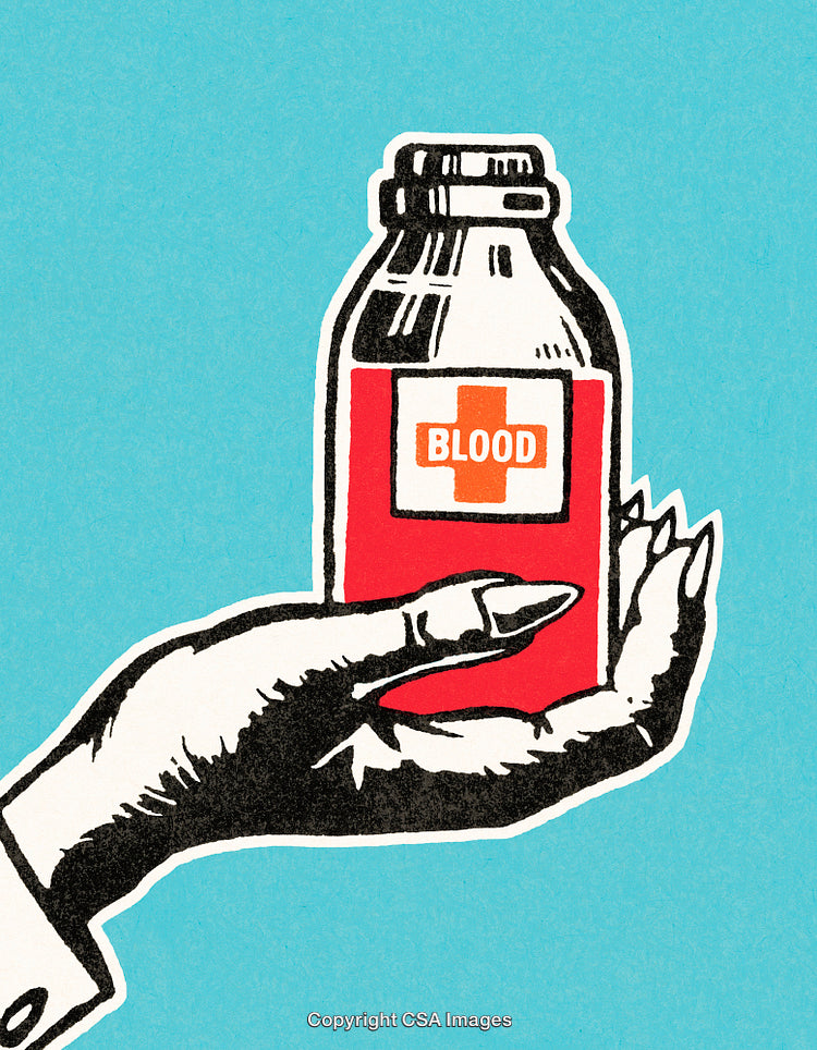 Vintage Illustration of Hand Holding Blood Jar on Blue Background