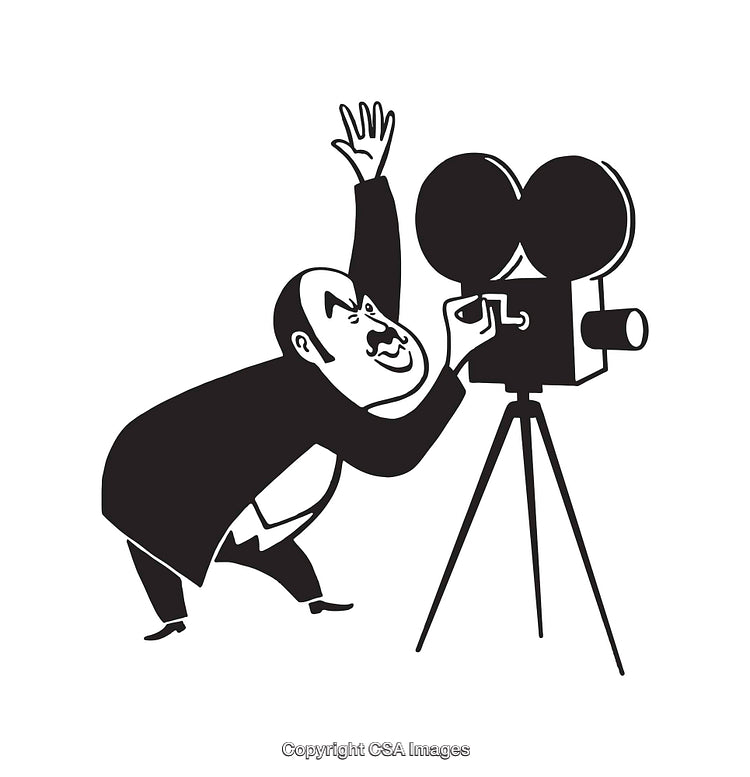 Illustration of a Director Operating a Vintage Film Camera on Tripod