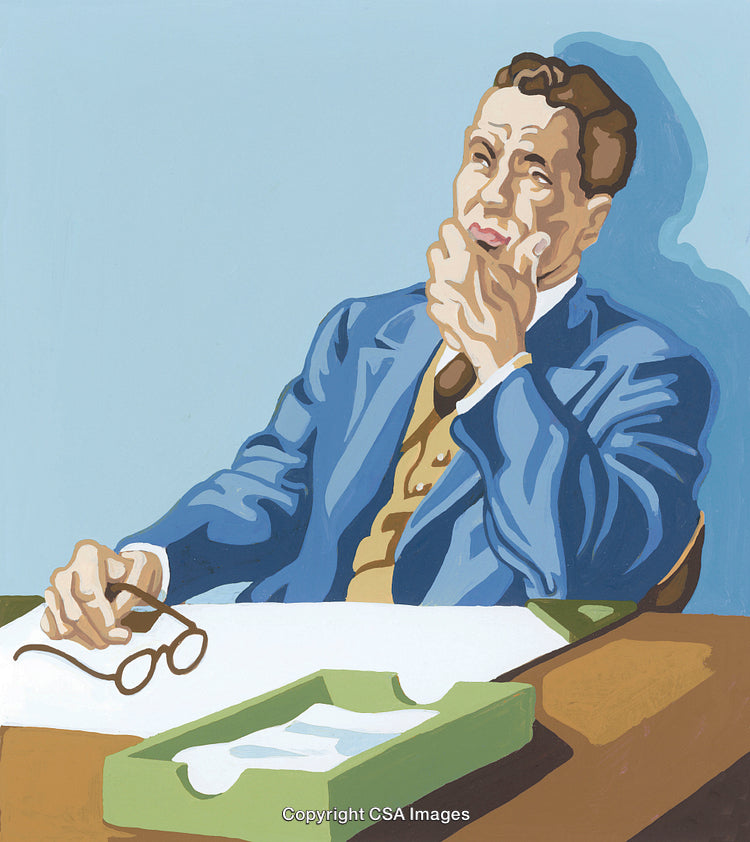 Thoughtful Man in a Blue Suit Sitting at a Desk in Reflection