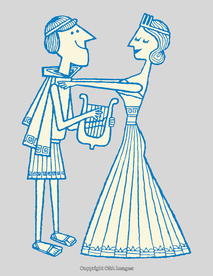 Stylized Greek-Inspired Artwork Featuring an Embracing Couple and Lyre Illustration