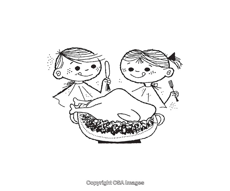 Black and White Illustration of Kids Cheering for a Festive Roast Meal