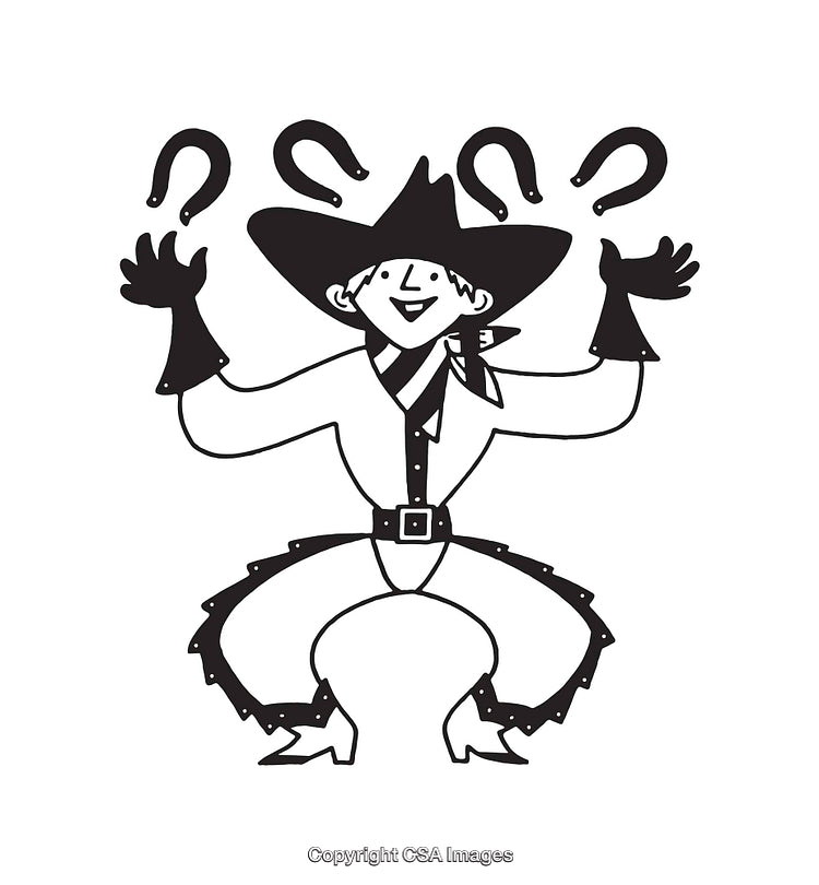 Western Themed Line Art of Cowboy Holding Horseshoes on White Background