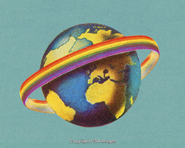 Colorful Artistic Illustration of Earth Surrounded by a Vibrant Rainbow Ring