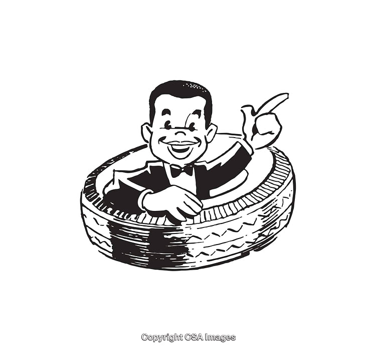 Vintage Black and White Illustration of Man in a Tire