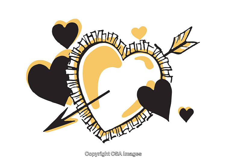 Decorative Heart Illustration with Arrows and Contrasting Black and Gold Tones