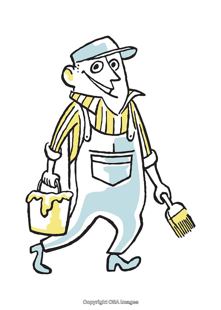 Cartoon Painter Holding Brush and Paint Bucket Wearing Overalls and Cap