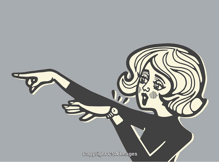 Retro Style Illustration of Woman Pointing Expressively in Monochrome Palette