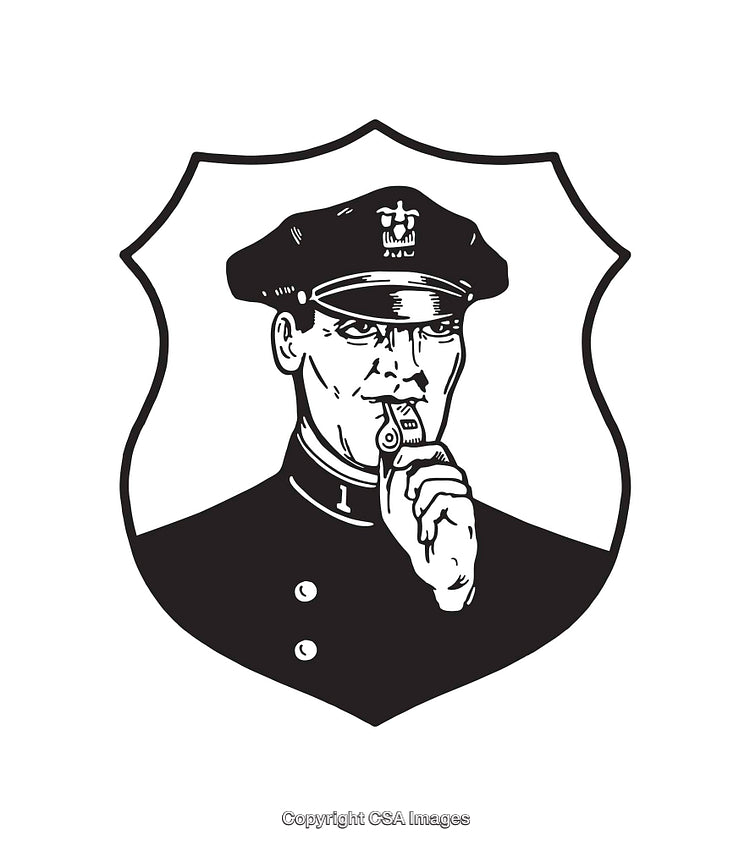 Vintage Police Officer Line Art with Whistle in Detailed Crest Design
