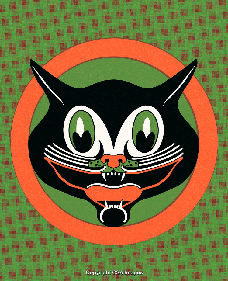 Vintage Halloween Illustration Featuring Black Cat with Green and Orange Accents