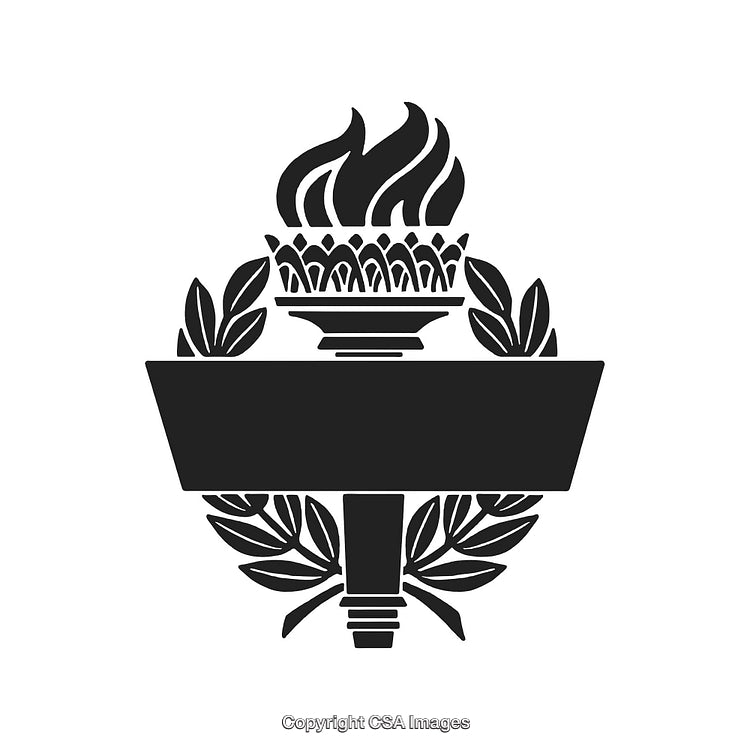 Symbolic Black and White Design Featuring Flame and Laurel Wreath Symbol