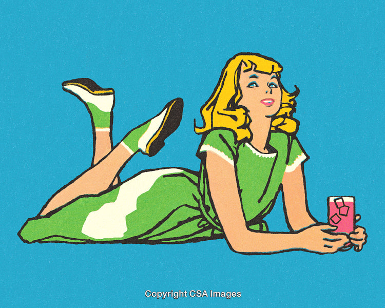 Retro Illustration of a Woman Lying with a Drink in Green Attire