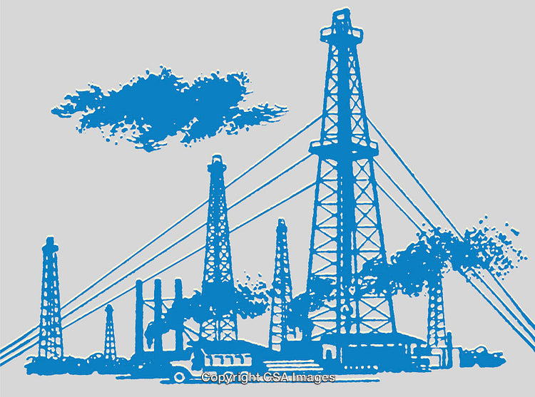 Blue Industrial Oil Rigs Illustration Against a Neutral Background