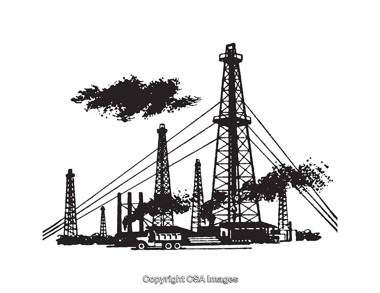 Black and White Illustration of an Industrial Oil Drilling Station