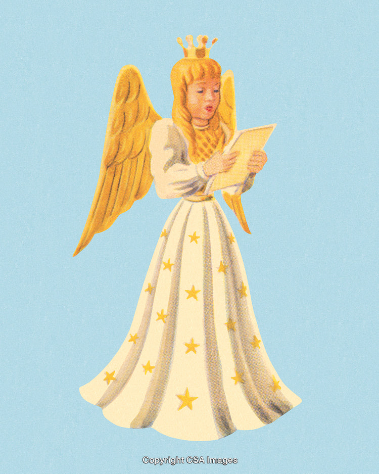 Beautiful Angel Illustration Holding a Letter Surrounded by a Calm Blue Background