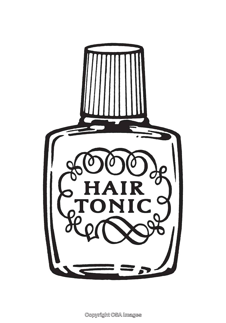 Vintage-Style Black and White Hair Tonic Bottle Illustration Artwork