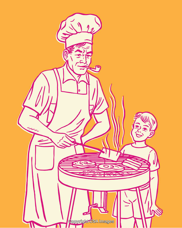 Retro Line Art Illustration of Grilling with Family Outdoors