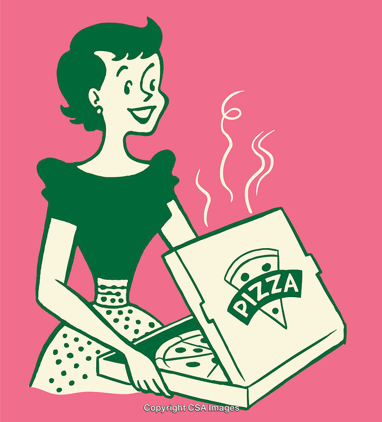 Retro Art of Smiling Woman Holding Open Pizza Box