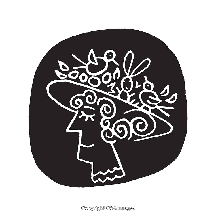 Whimsical Black and White Illustration of a Lady with Animals on Her Hat
